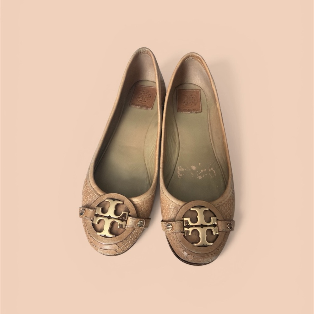 Tory Burch Taupe Leather Logo Ballet Flats
